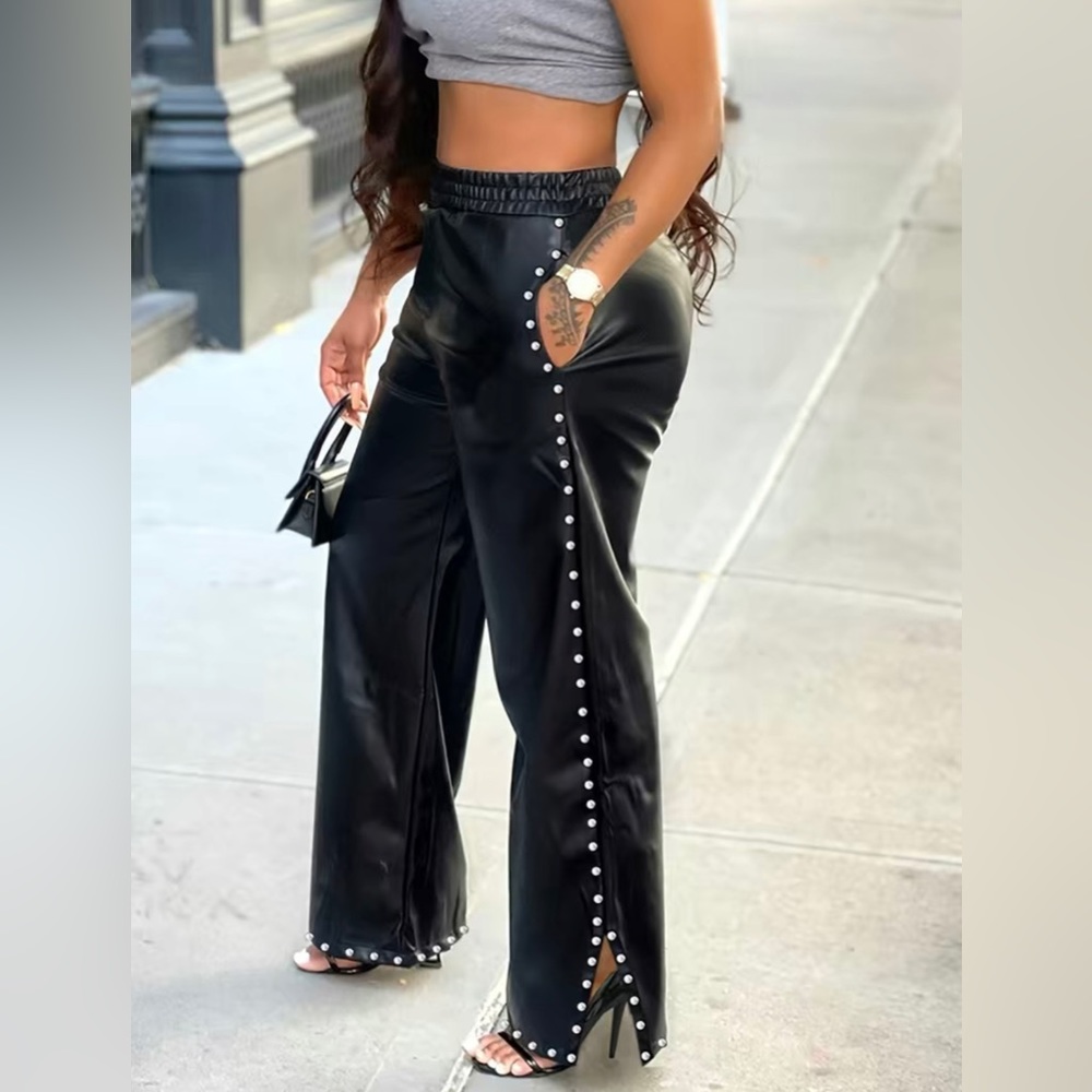 Solid Elastic Studded PU Leather Pants